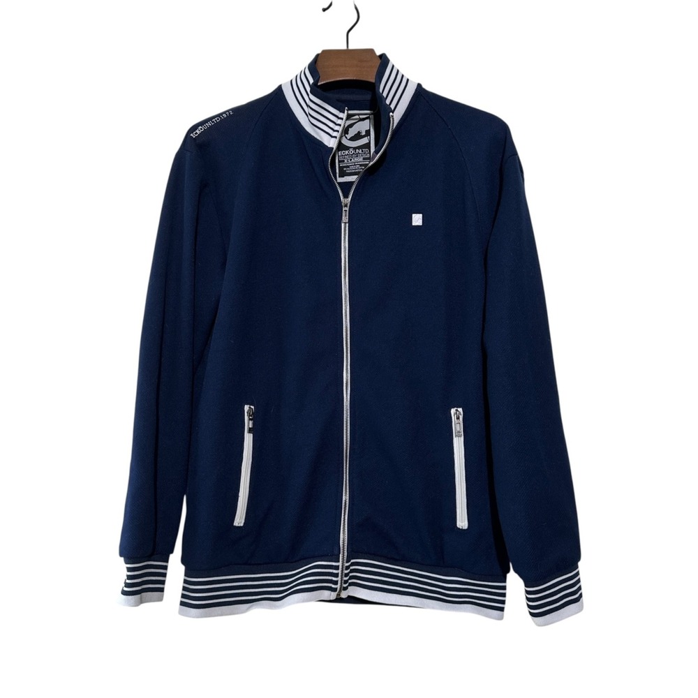 ECKO UNLTD. Navy Blue White Trim Full Zip‎ Track Jacket Hip Hop Y2K XL "FLAW"